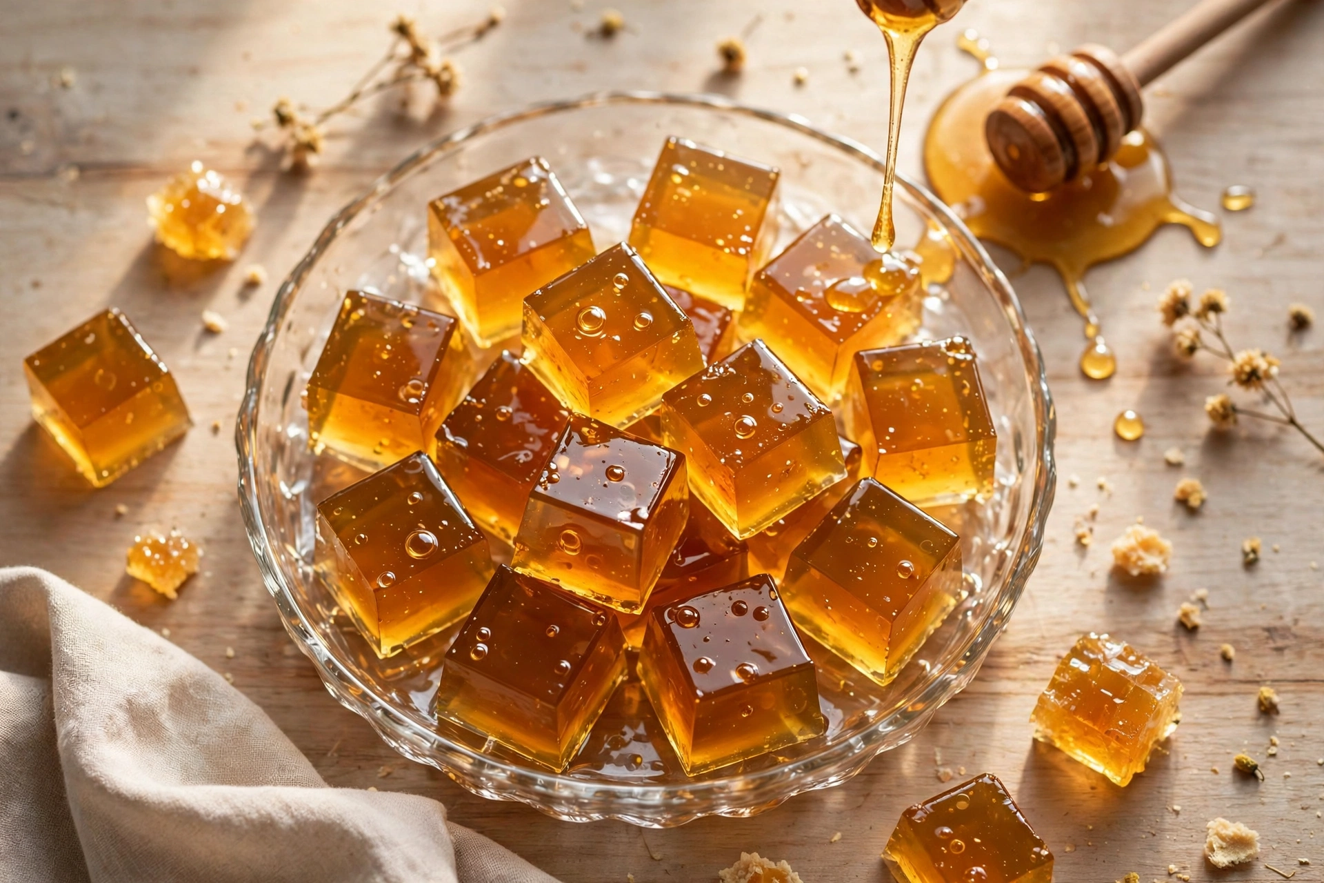 Golden gelatin dessert cubes in a glass dish with honey — illustrative image