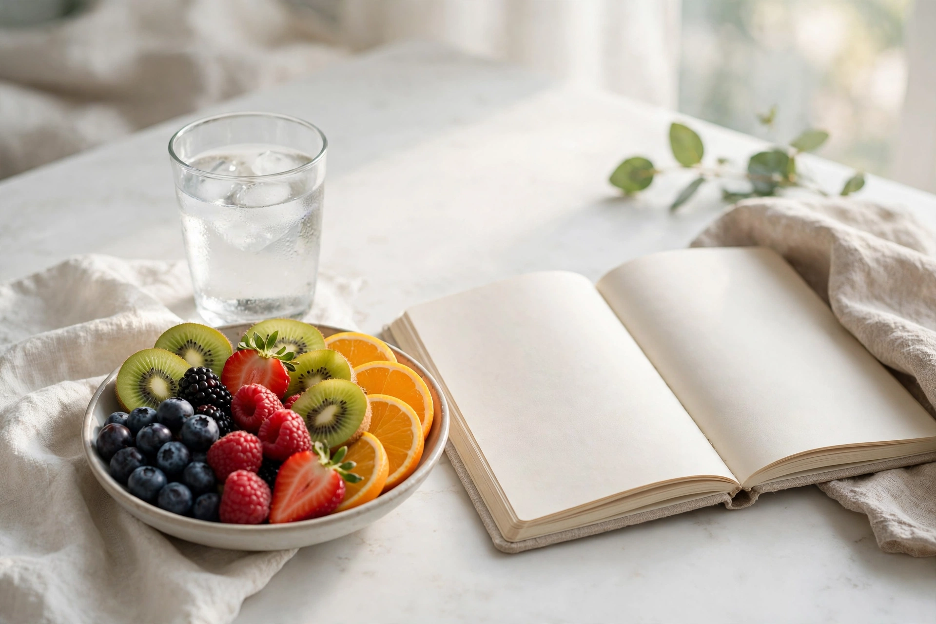 Healthy morning routine with water and fresh fruit — illustrative image